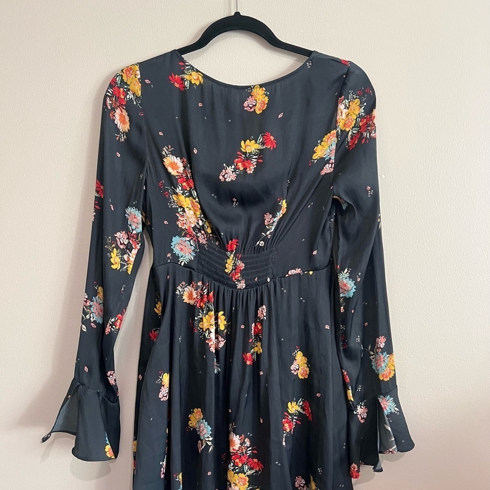Free People Midnight Navy Silky Mini Dress Floral Long Sleeve Size S - Picture 8 of 11